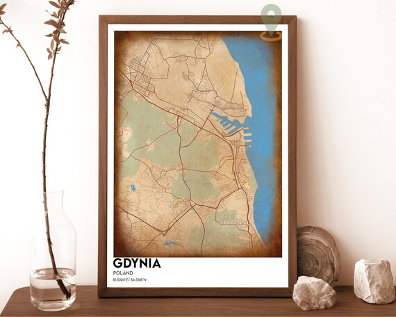 Gdynia Poland Retro Vintage Baltic Coast Harbor City Map Poster