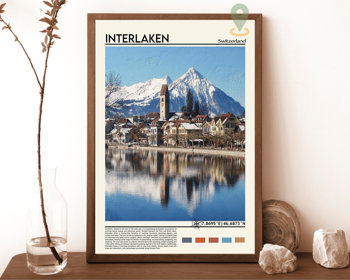 Interlaken Switzerland Snowy Peaks Lake Town Swiss Alps Travel Poster
