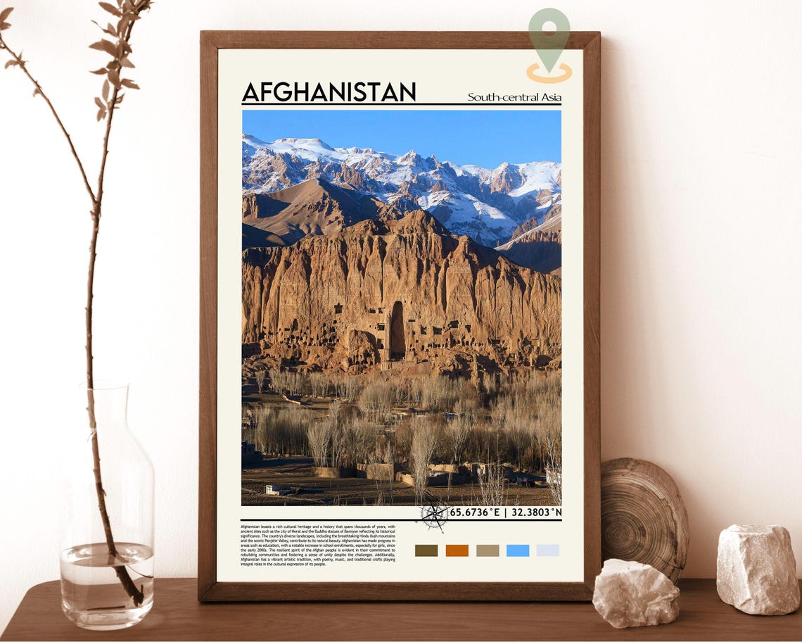 Afghanistan Bamiyan Valley Cliffs Snowy Peaks Travel Scene Poster