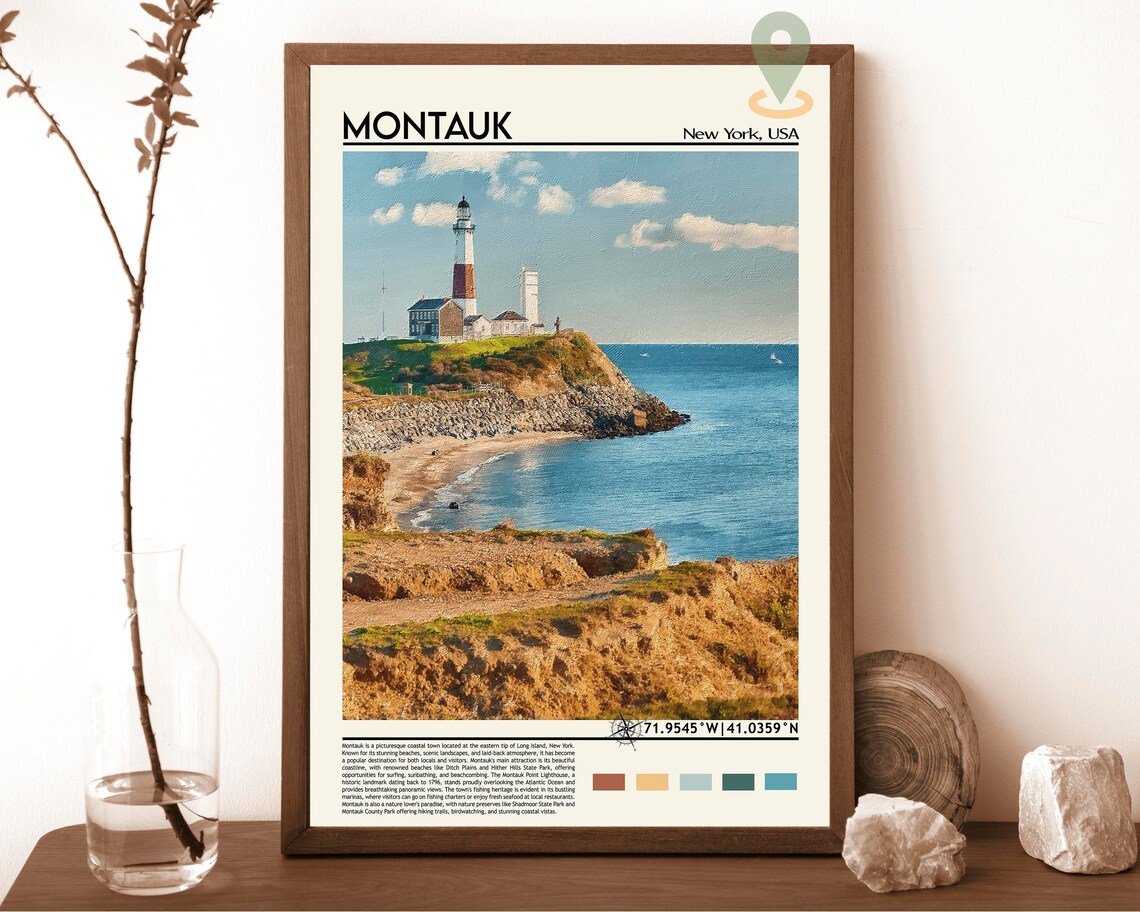 Montauk New York Lighthouse Coastline Oil Painting Style Travel Poster