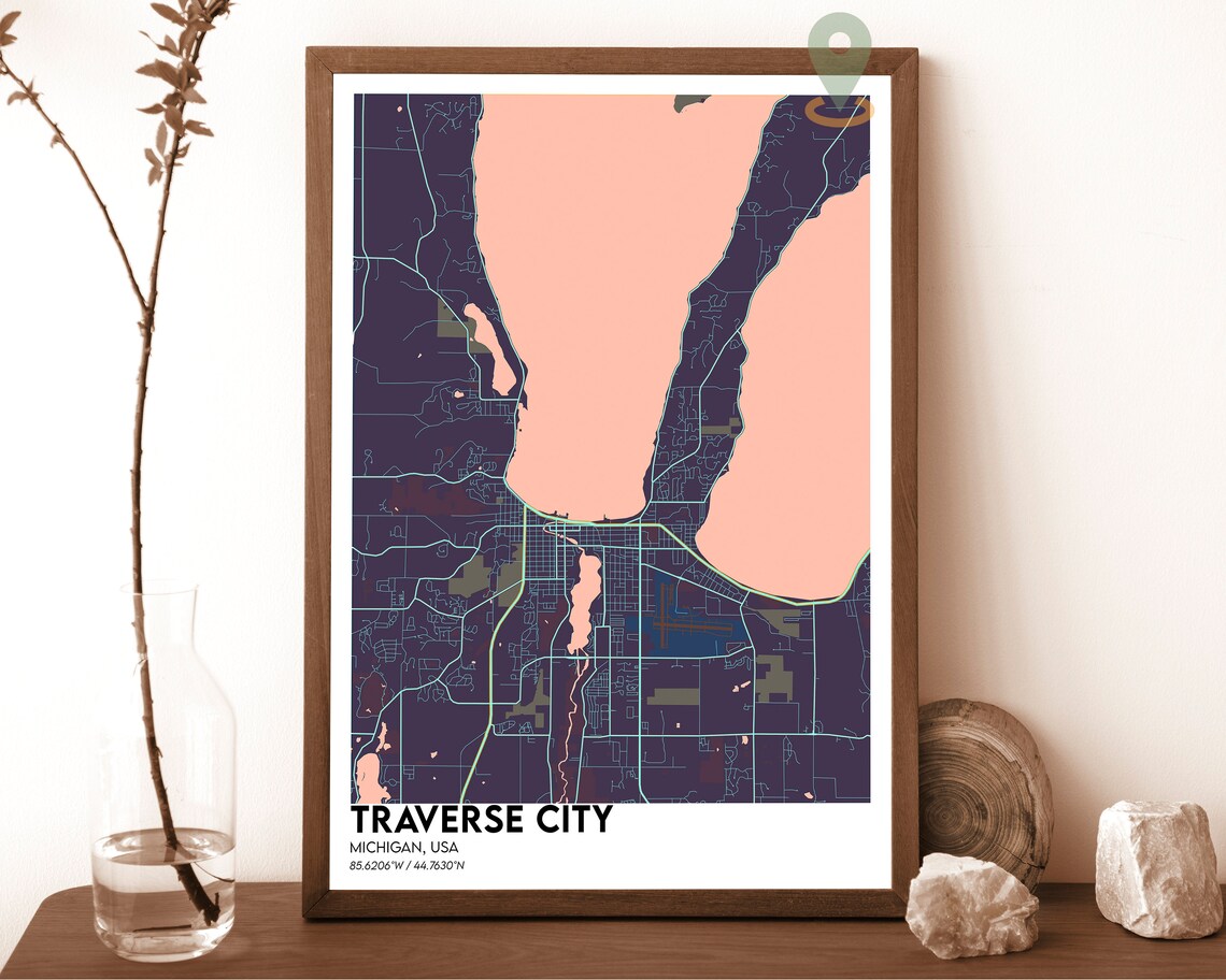Traverse City Michigan Pink And Navy Street Map Modern City Art Poster