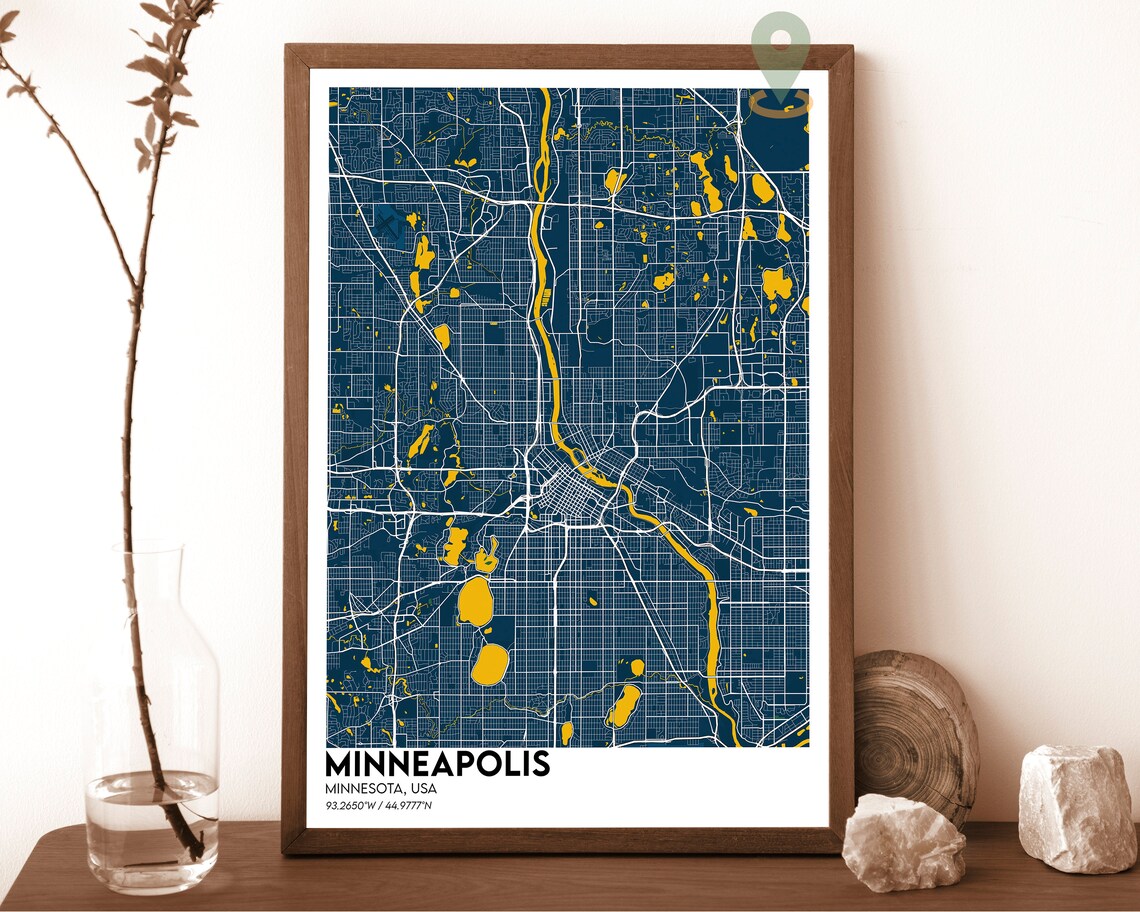 Minneapolis Minnesota Navy Gold City Street Map Modern Travel Poster