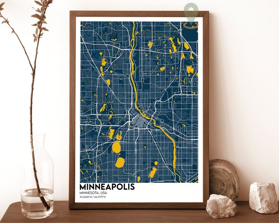 Minneapolis Minnesota Navy Gold City Street Map Modern Travel Poster