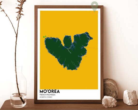 Mo'orea French Polynesia Tropical Island Map Art Poster Yellow Green