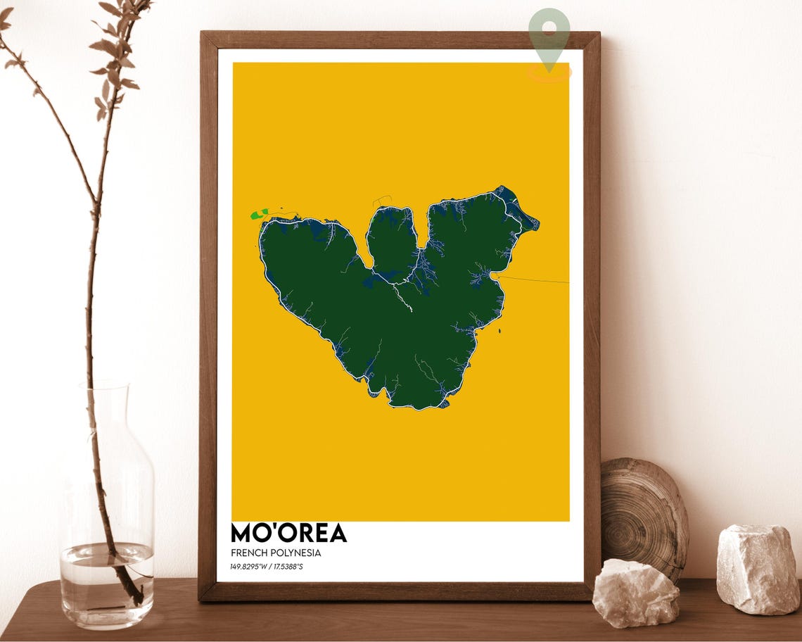 Mo'orea French Polynesia Tropical Island Map Art Poster Yellow Green