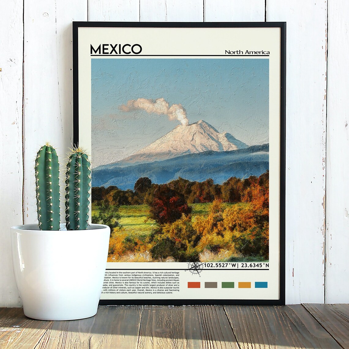 Mexico Smoking Volcano Autumn Hills Painted Landscape Travel Poster - Image 5