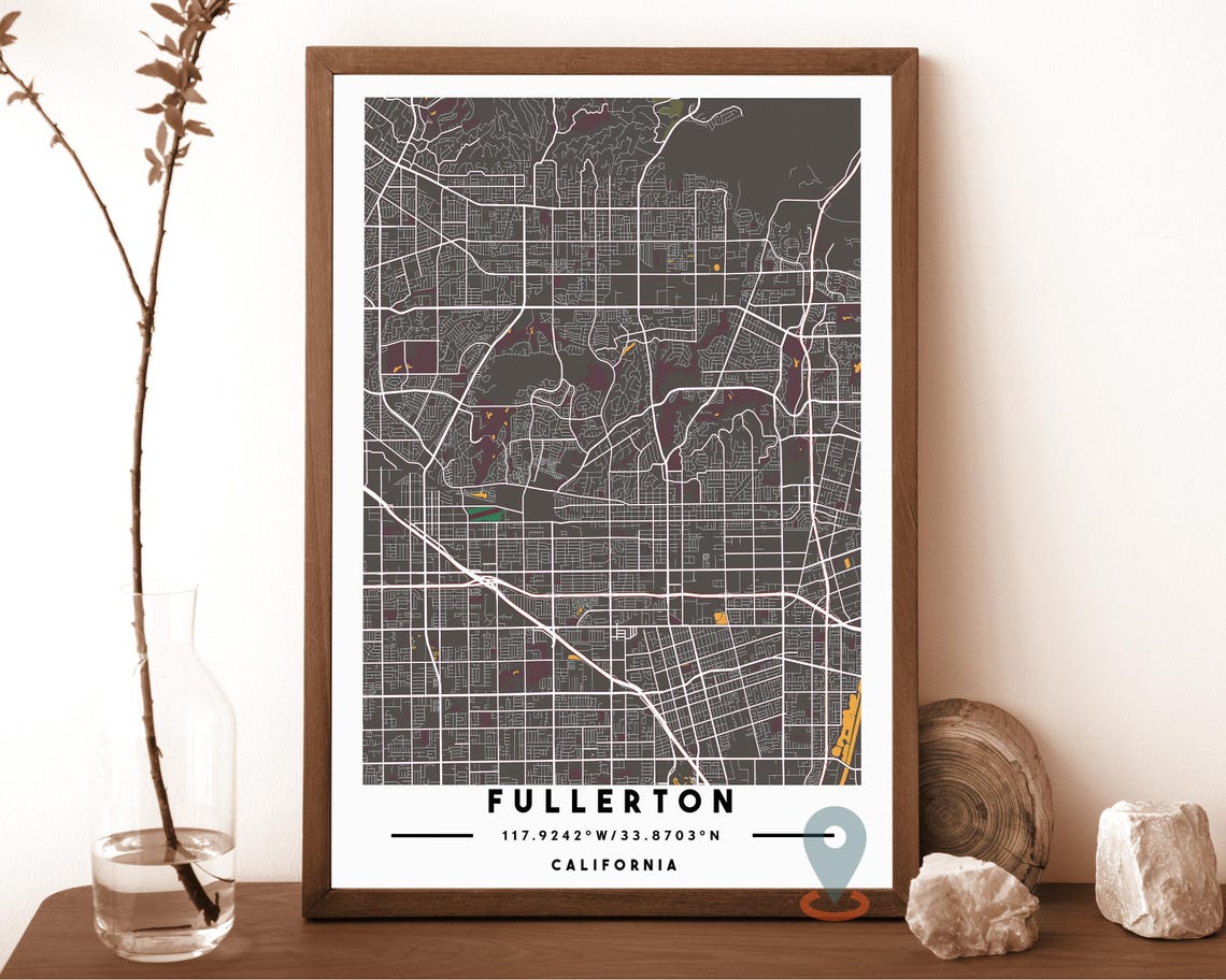 Fullerton California Dark Gray Modern City Street Map Art Poster