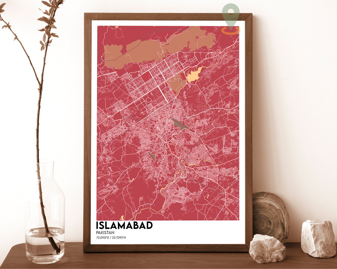 Islamabad Pakistan Rose Red Minimal Street Map Modern Art Poster