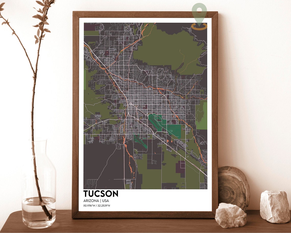 Tucson Arizona Dark Slate Street Map Desert Rivers Art Poster - Image 4