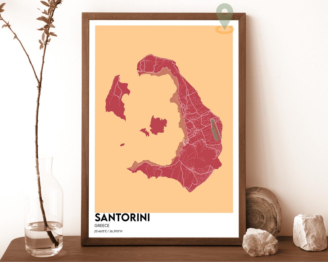 Santorini Greece Blush Pink Caldera Minimalist Island Map Poster - Image 6