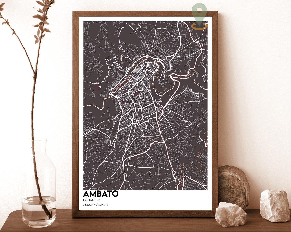 Ambato Ecuador charcoal black with white streets Street Map Coordinates Poster