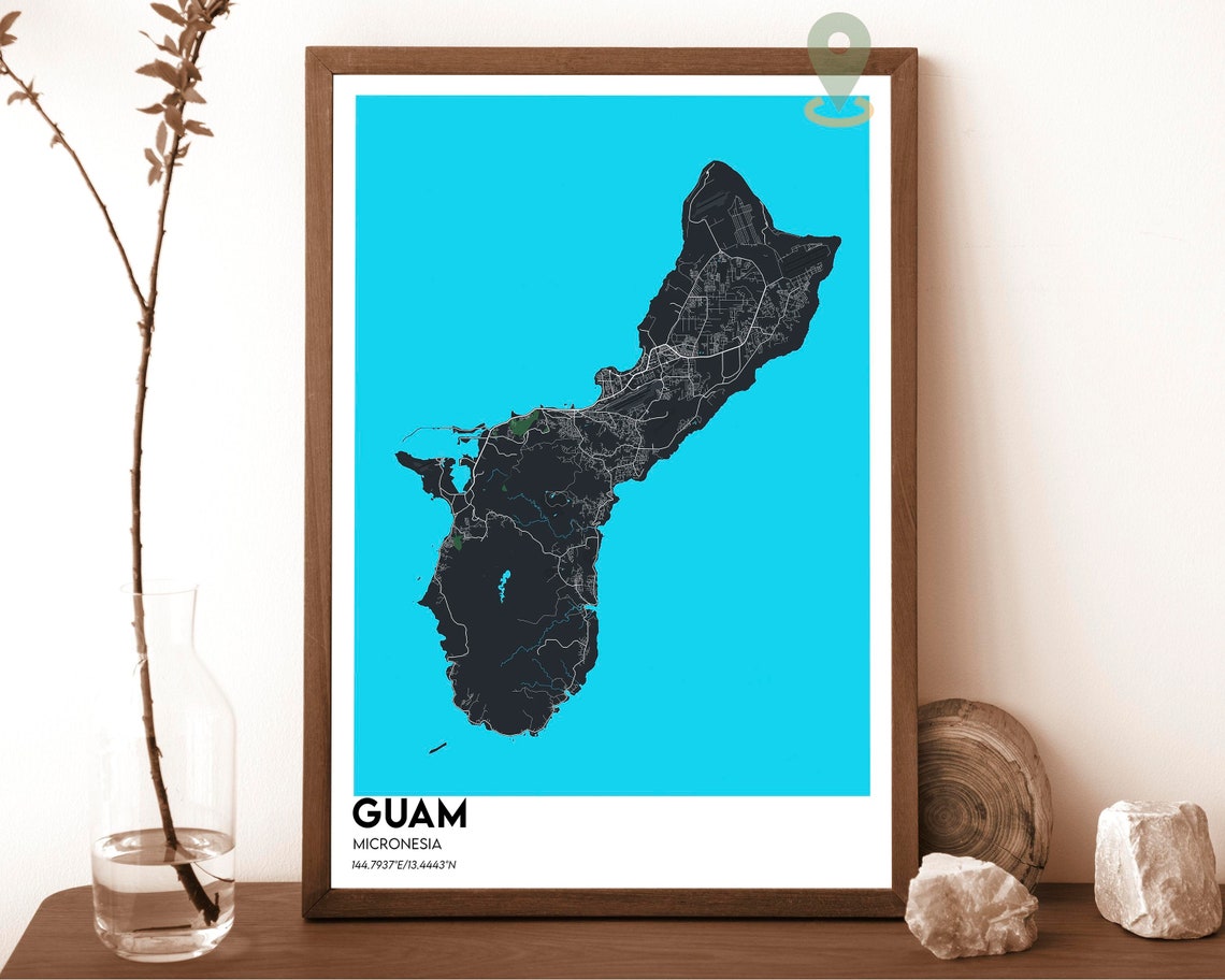 Guam Micronesia Navy Blue Island Map Mustard Yellow Travel Poster - Image 6