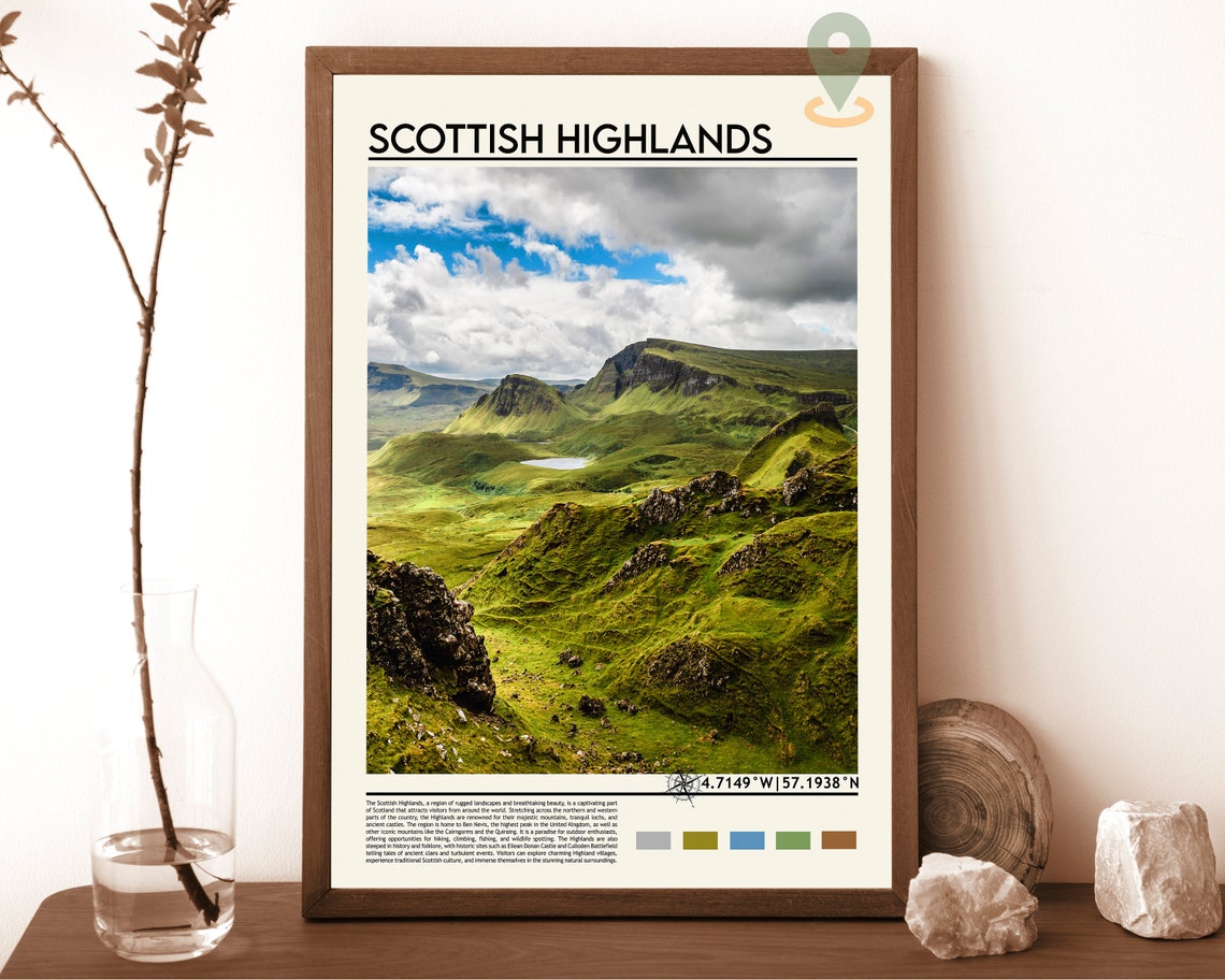 Scottish Highlands Rolling Green Mountains Landscape Travel Poster