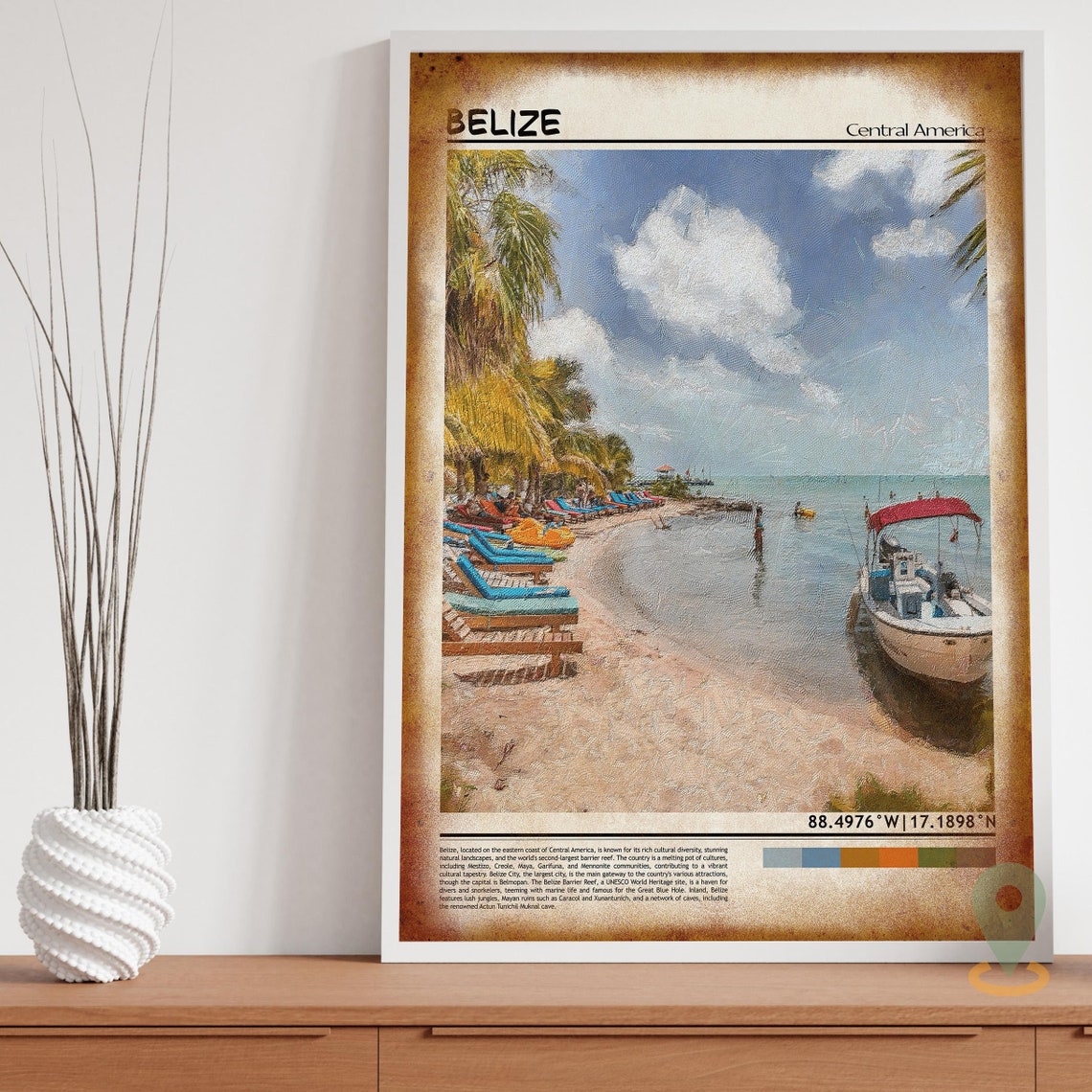 Belize Caribbean Sandy Beach Boats Loungers Relax Photo Poster - Image 3