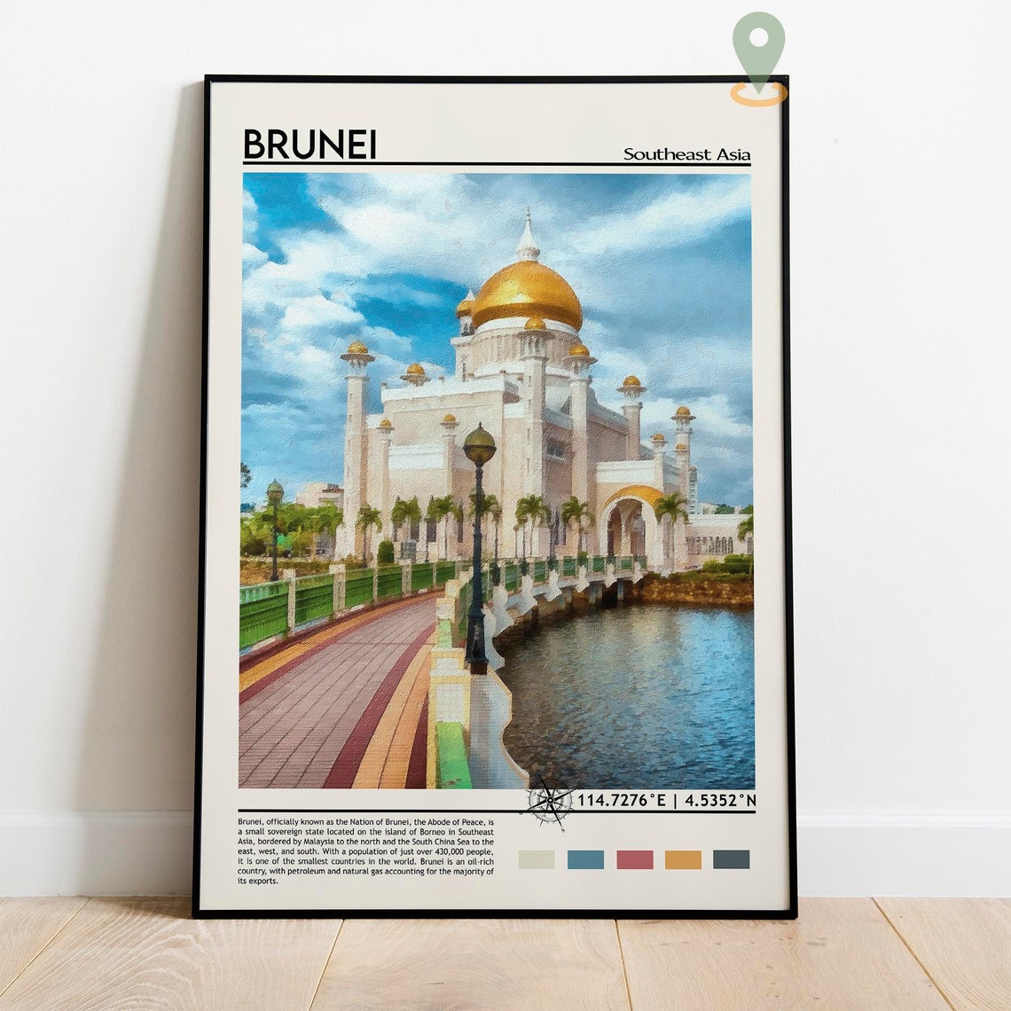 Brunei Southeast Asia Golden Dome Mosque Waterfront Painterly Poster - Image 2