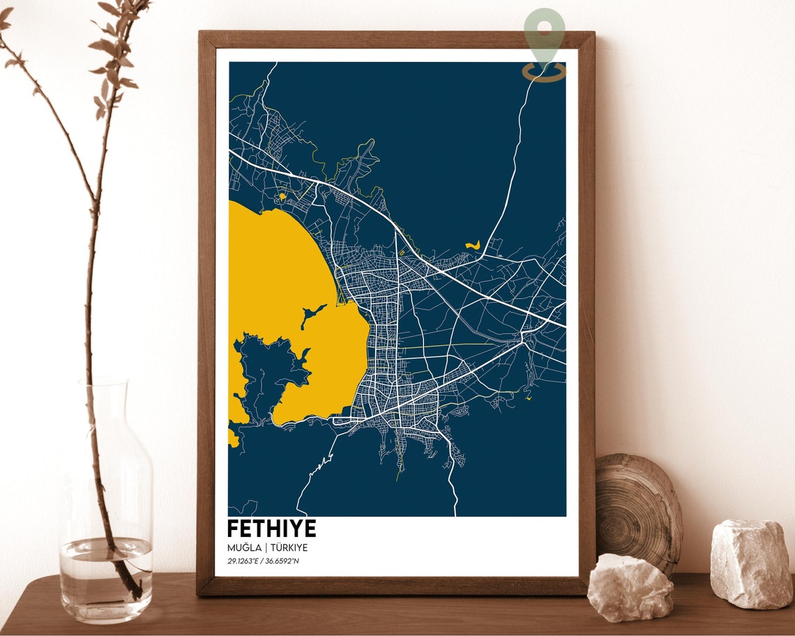 Fethiye Mugla Turkiye Sleek Dark Coast City Map Elegant Street Poster - Image 2