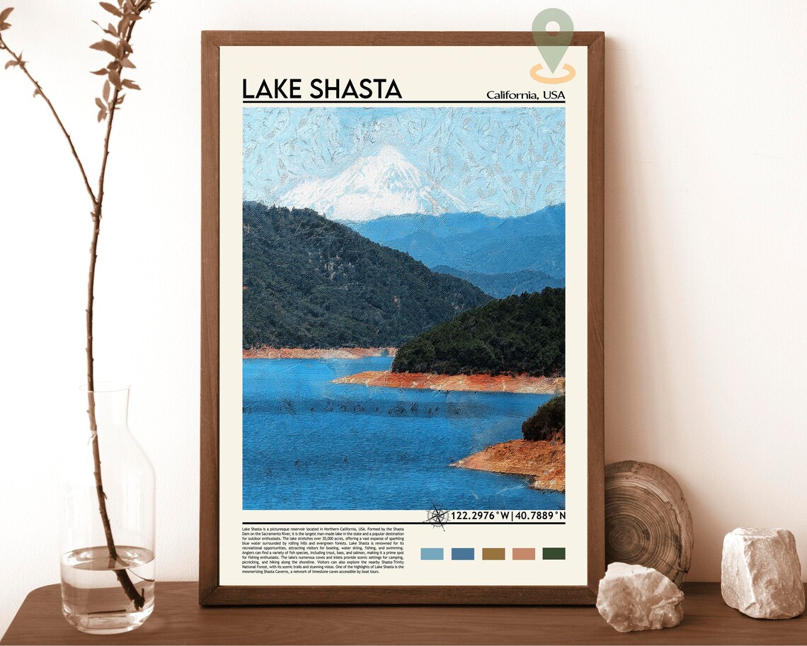 Lake Shasta California Mount Shasta Watercolor Travel Poster