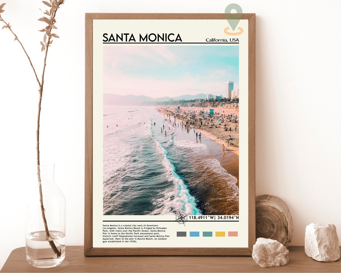 Santa Monica California Beach Aerial Photo Travel Poster Home Decor