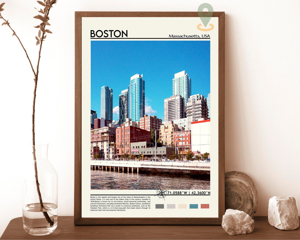 Boston Massachusetts Waterfront Skyline Seaport District Travel Poster