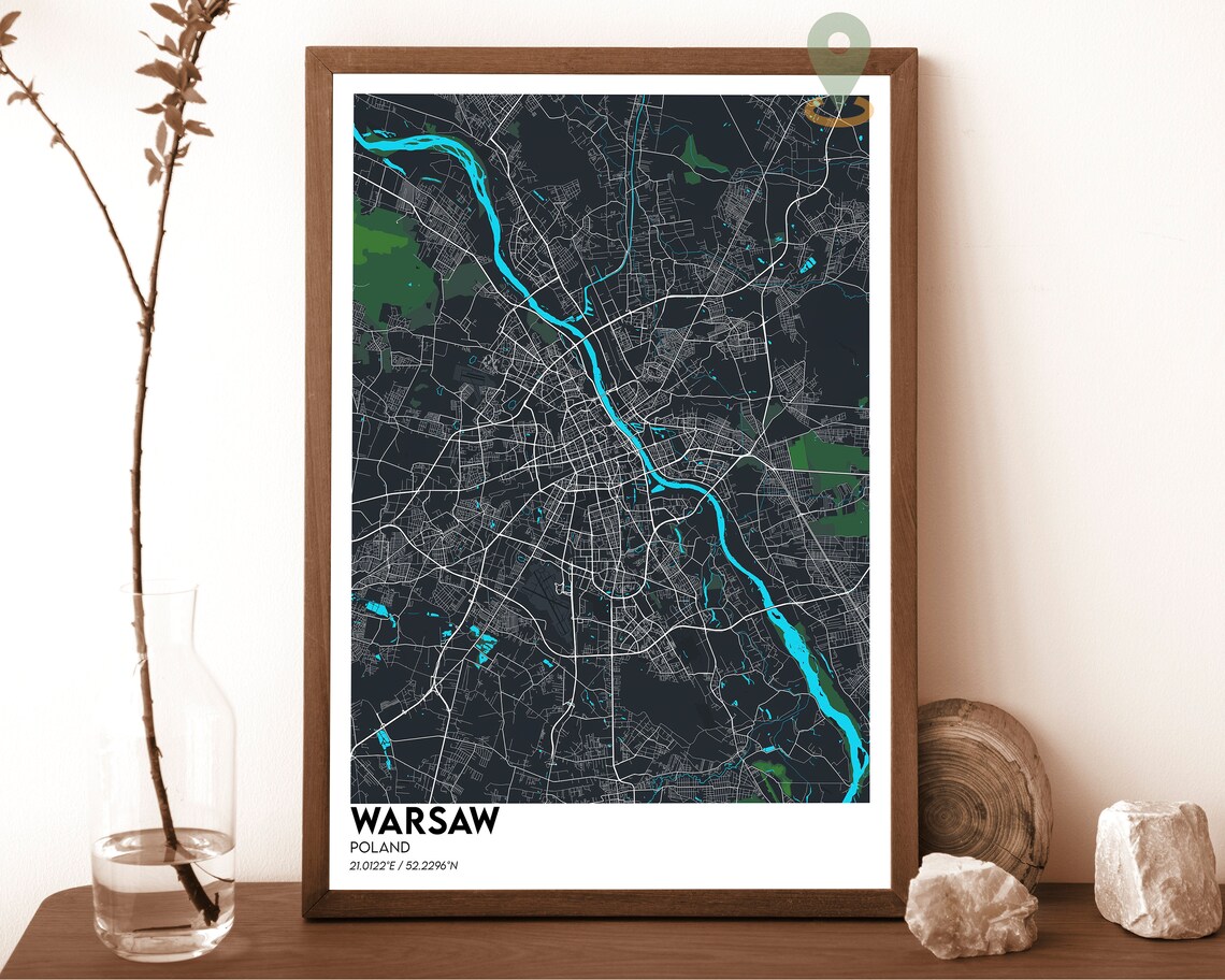 Warsaw Poland Dark Blue Yellow Vistula City Street Map Poster - Image 2