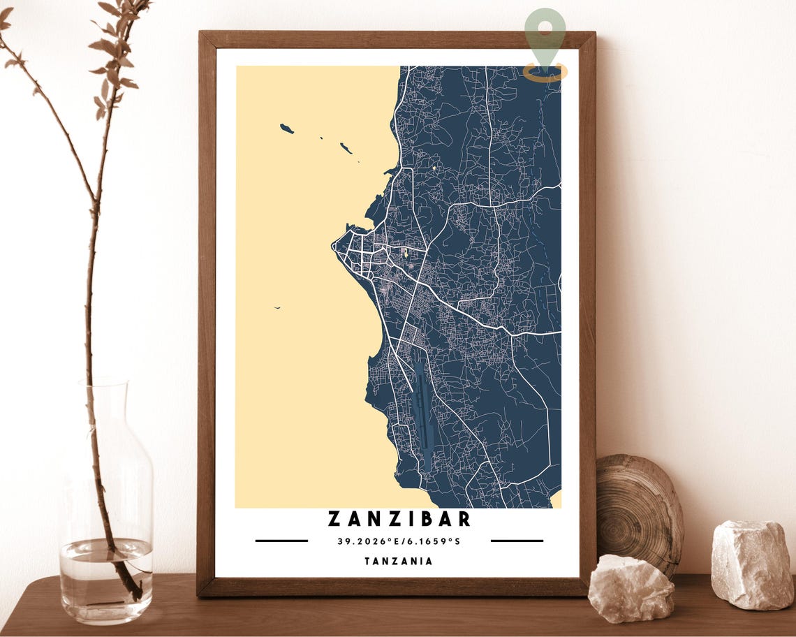 Zanzibar Tanzania Cream Blue Island Street Map Modern Wall Art - Image 6