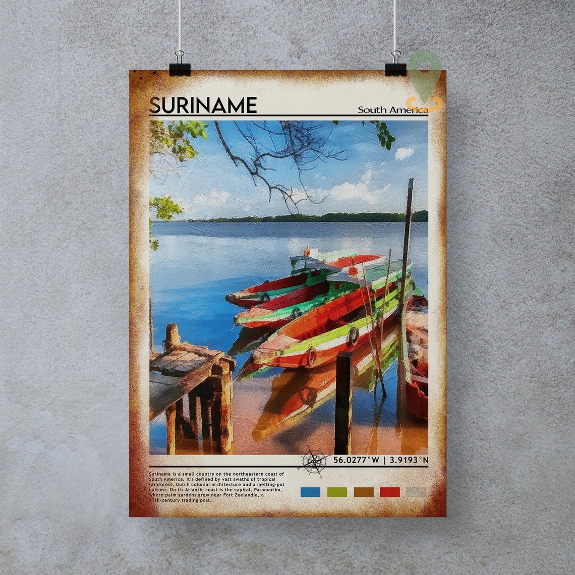 Suriname South America Colorful Tropical River Boats Coastal Poster - Image 2
