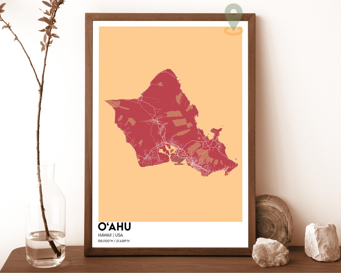 O'ahu Hawaii Minimalist Island Map Poster in Turquoise and White - Image 6