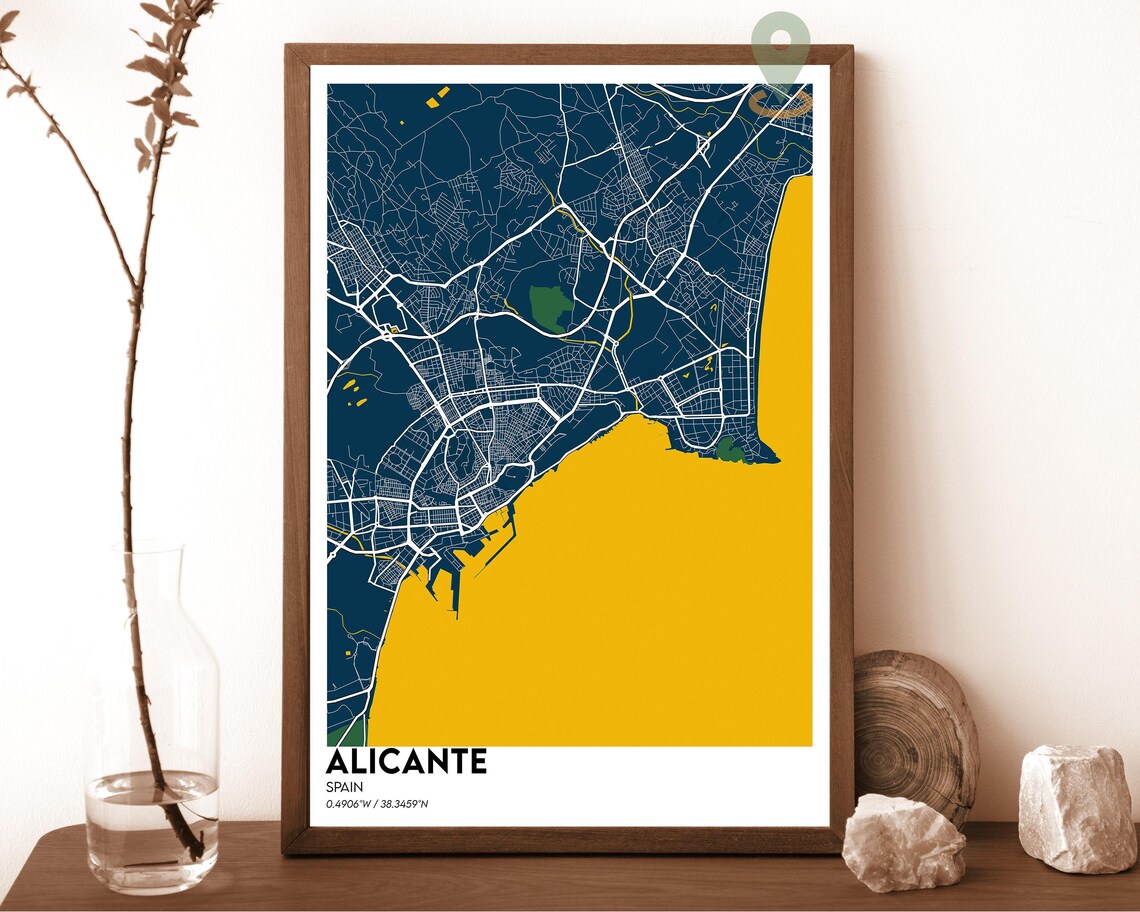 Alicante Spain dark navy with pink street lines Street Map Coordinates Poster - Image 2