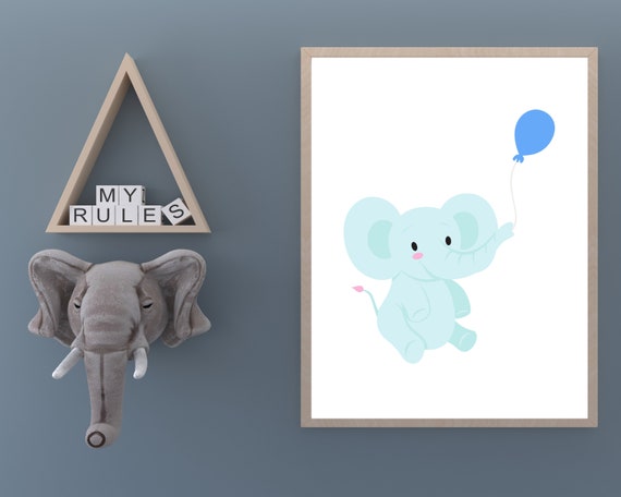 Baby Elephant Print Blue Balloon Nursery Wall Art Boy Decor Sign