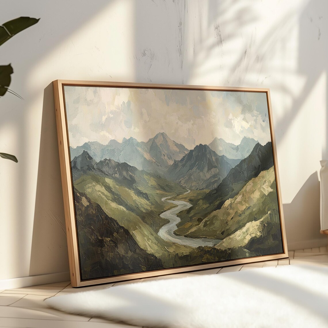Serene River Valley Painting, Majestic Mountain Landscape