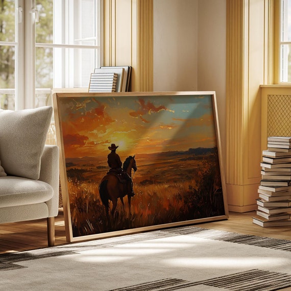 Cowboy On Horseback At Sunset Wall Art Print Western Landscape Painting With Golden Prairie