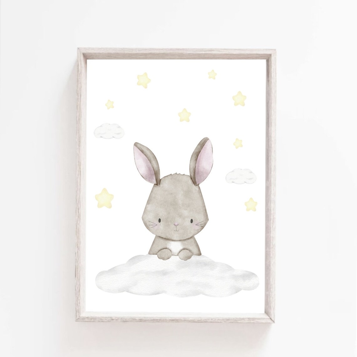 Sweet Gray Bunny On Cloud With Stars Watercolor Nursery Poster