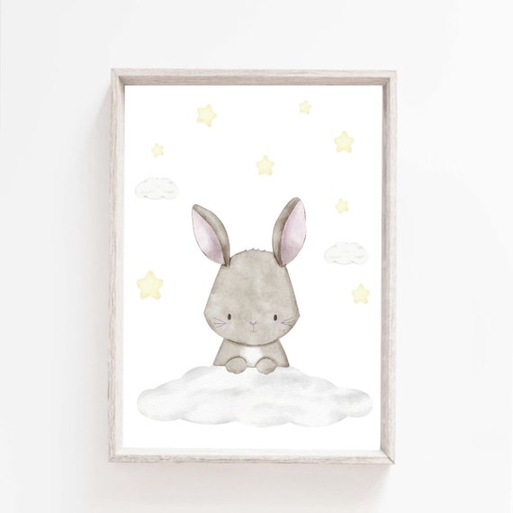 Baby Bunny Nursery Print Woodland Nursery Decor Watercolor Bunny Moon And Stars Poster Wall Art Kids Room Decor Neutral Decor