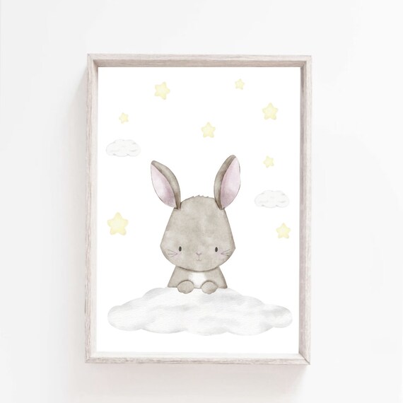 Sweet Gray Bunny On Cloud With Stars Watercolor Nursery Poster