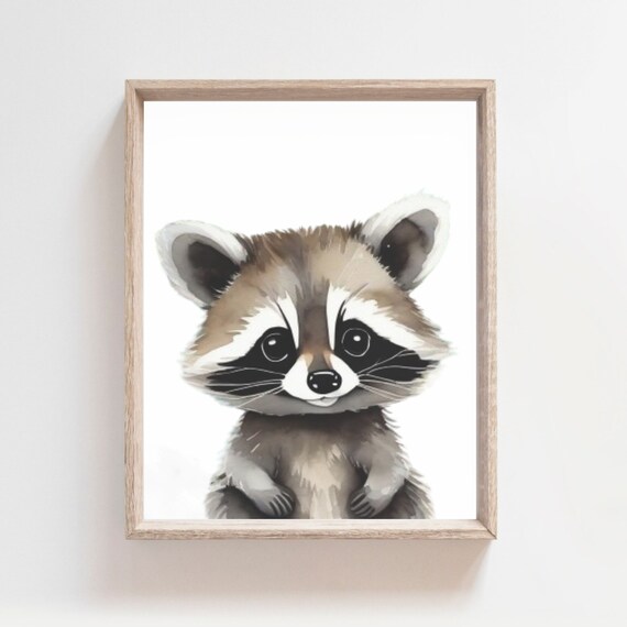 Cute Baby Raccoon Watercolor Woodland Nursery Baby Room Poster