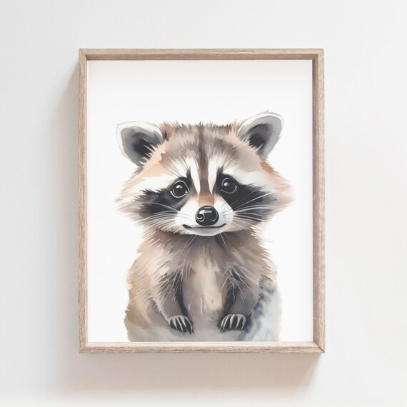 Sweet Baby Raccoon Watercolor Woodland Big-Eyed Nursery Poster
