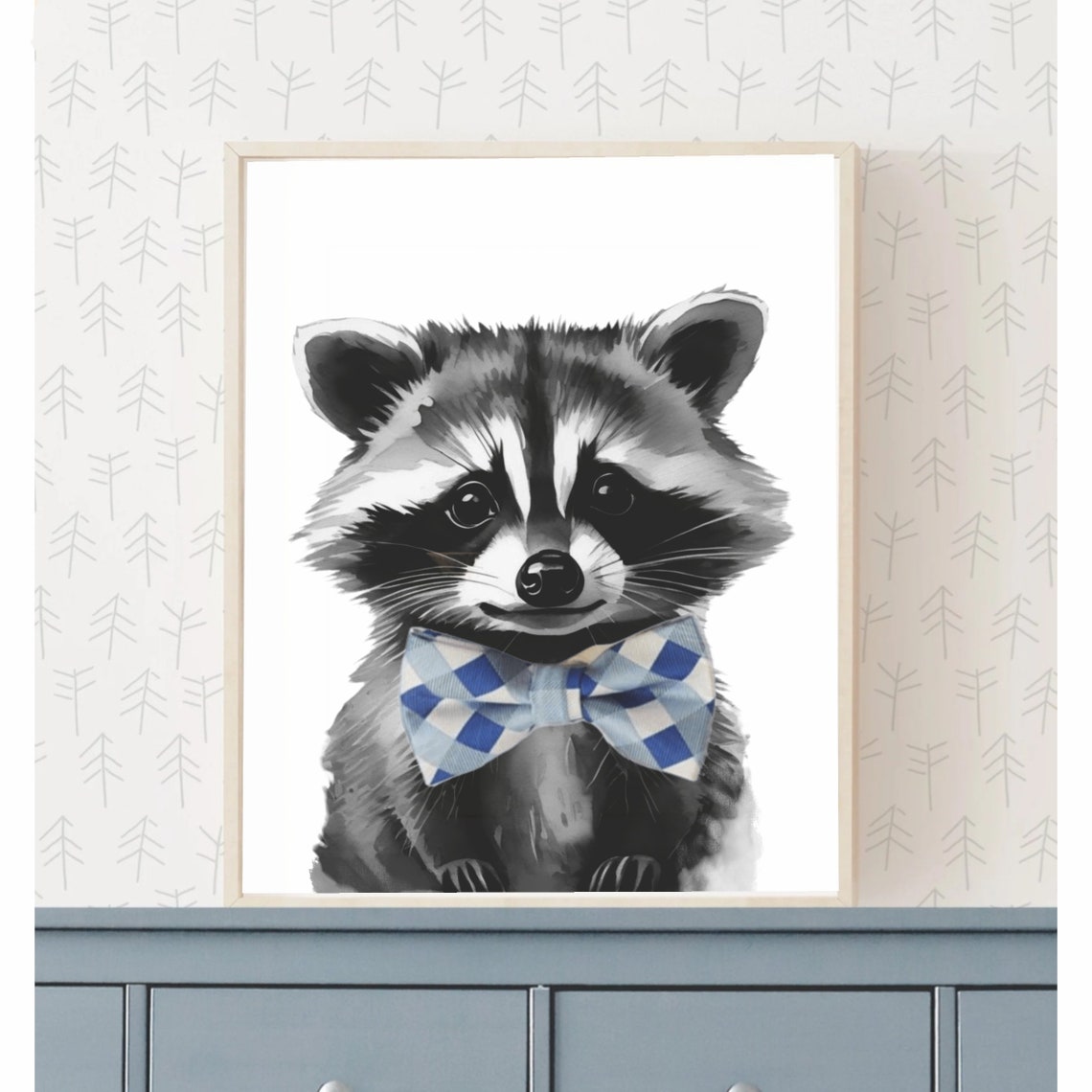 Dapper Baby Raccoon Blue Checkered Bow Tie Nursery Art Poster
