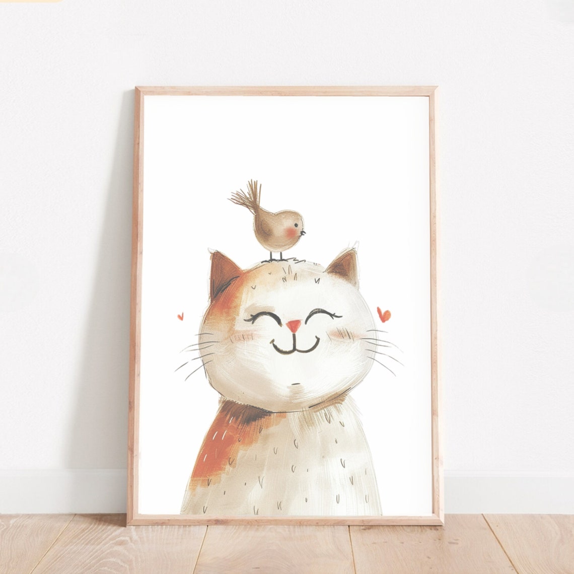 Happy Cat with Tiny Bird on Head Whimsical Nursery Wall Decor Poster - Image 2