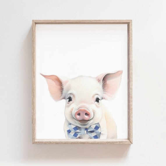 Baby Pig With Blue Bow Tie Watercolor Cute Farm Nursery Poster