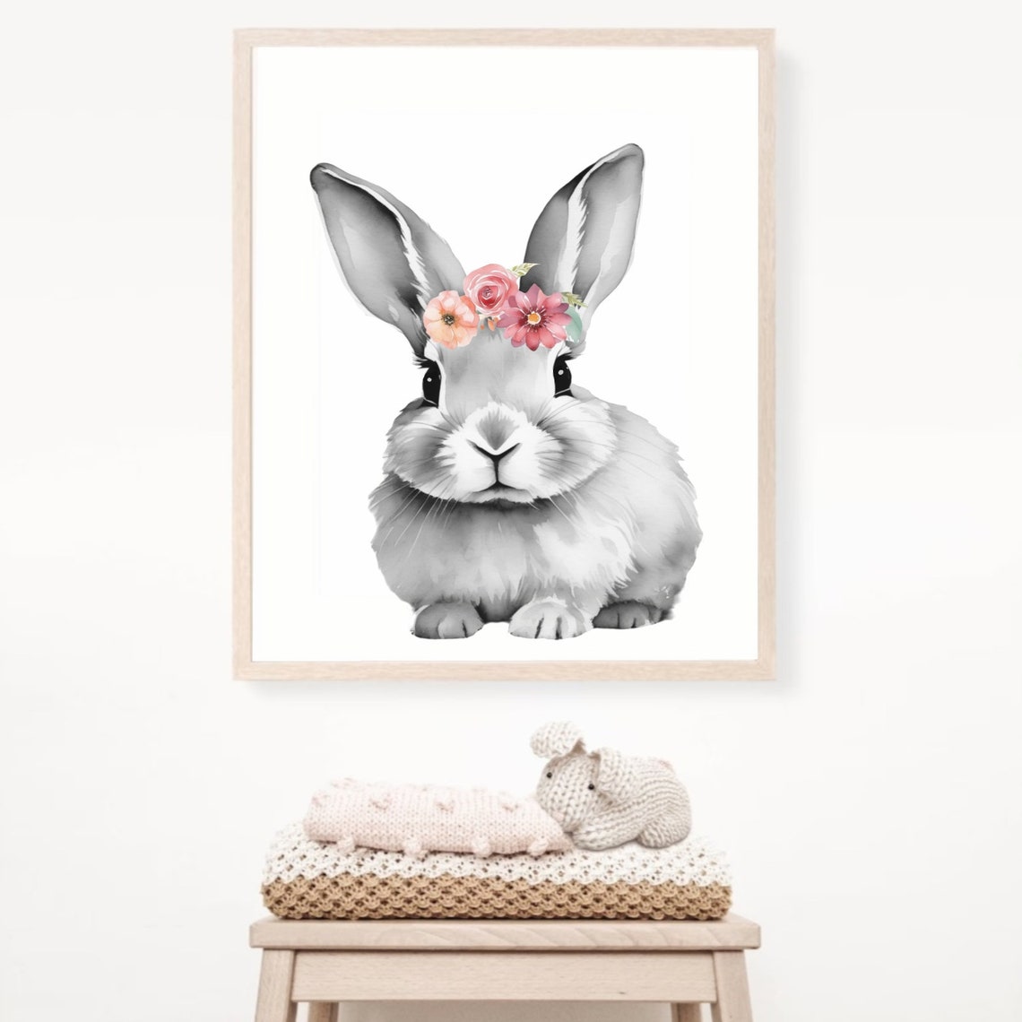 Sweet Gray Bunny Rabbit Pink Flower Crown Watercolor Nursery Poster - Image 2