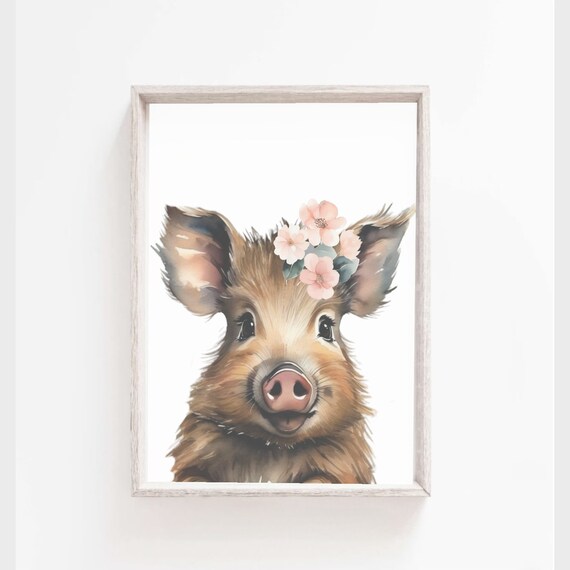 Cute Baby Wild Boar Flower Crown Watercolor Safari Nursery Poster