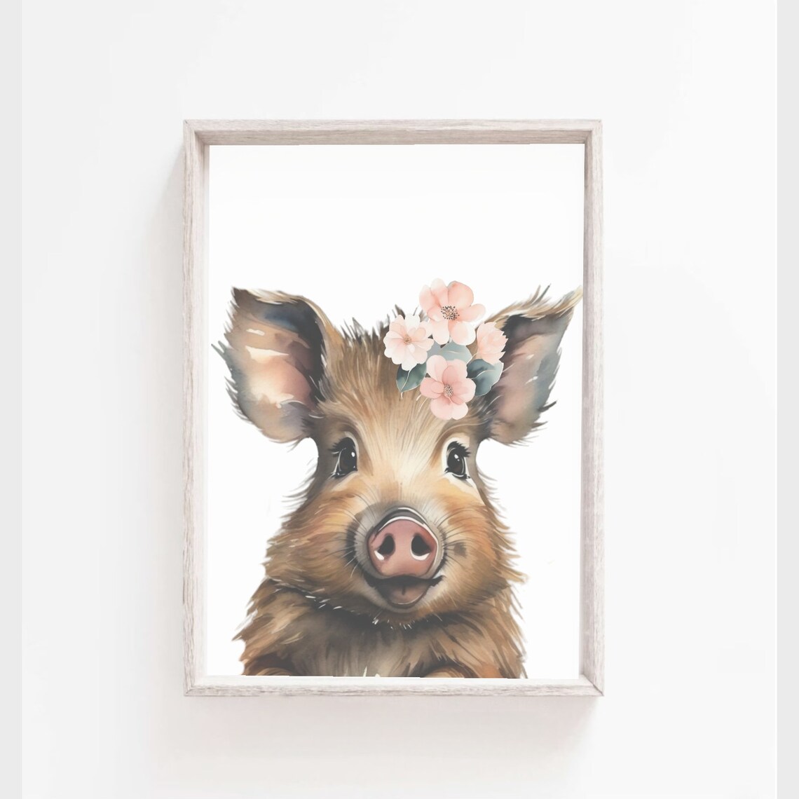 Cute Baby Wild Boar Flower Crown Watercolor Safari Nursery Poster
