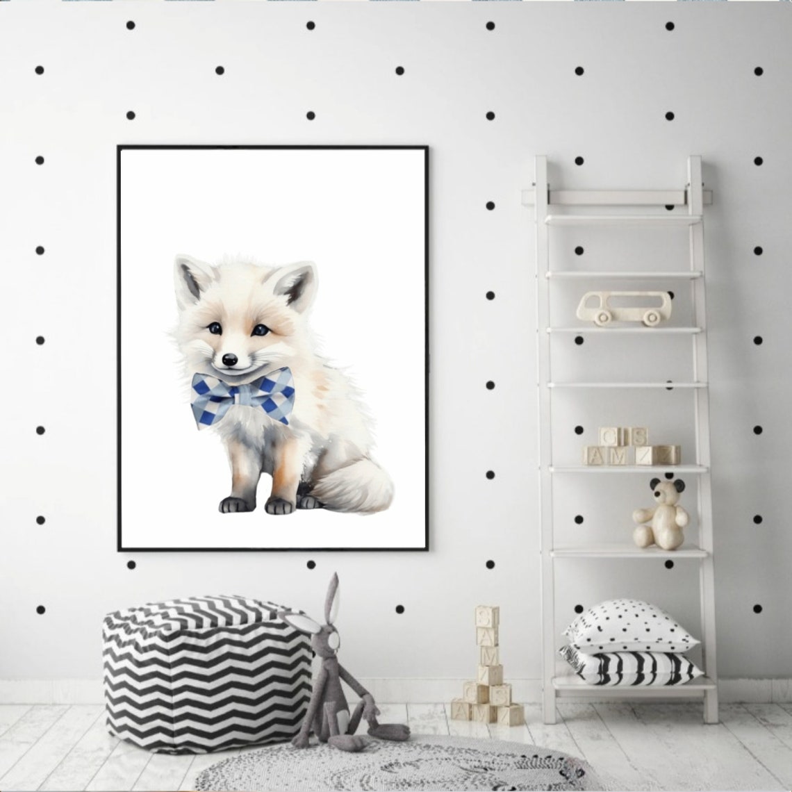 Cute White Fox Cub Blue Gingham Bow Tie Woodland Nursery Poster - Image 2