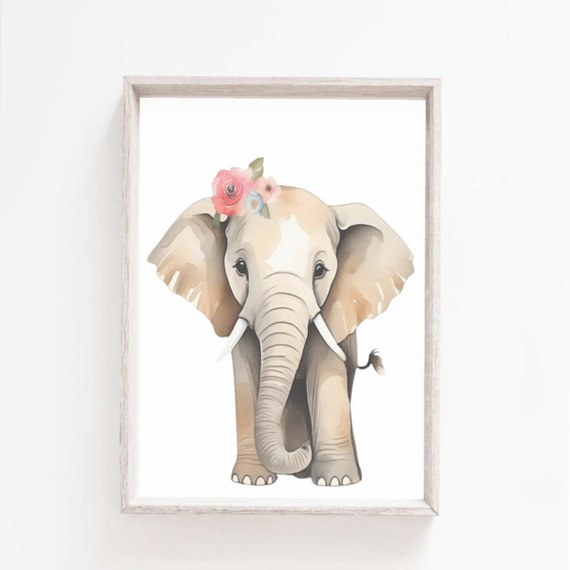 Baby Elephant Painting Nursery Wall Art Decor Baby Animal Print Nursery Decor Safari Animals Jungle Animals Floral Crown