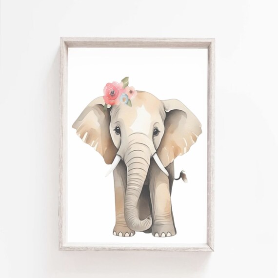 Baby Elephant With Pink Flower Crown Safari Nursery Watercolor Poster