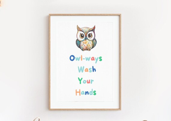 Funny Owl Ways Wash Your Hands Kids Bathroom Colorful Poster