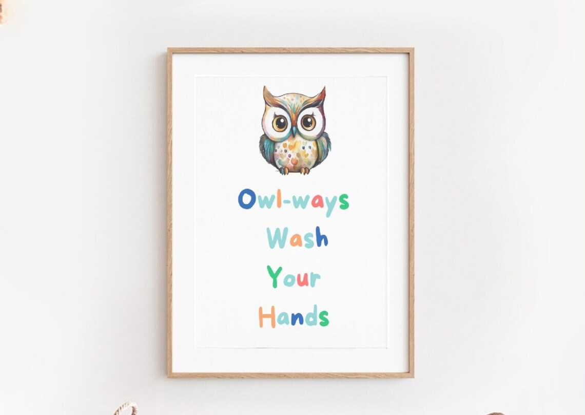 Funny Owl Ways Wash Your Hands Kids Bathroom Colorful Poster