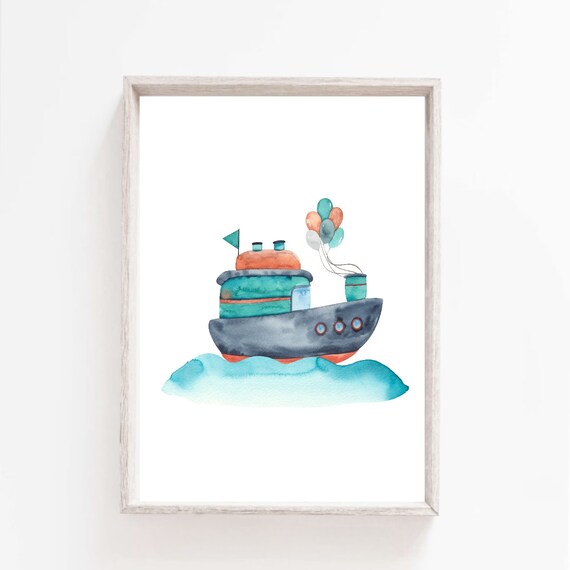 Watercolor Boat With Balloons And Flag Sailing Boys Nursery Kids Room Poster