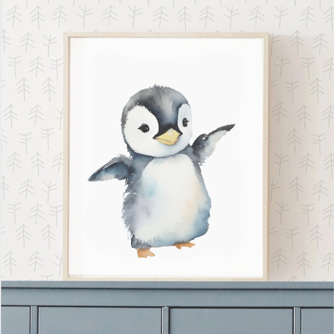 Cute Baby Penguin Chick Watercolor Waving Wings Nursery Poster - Image 2