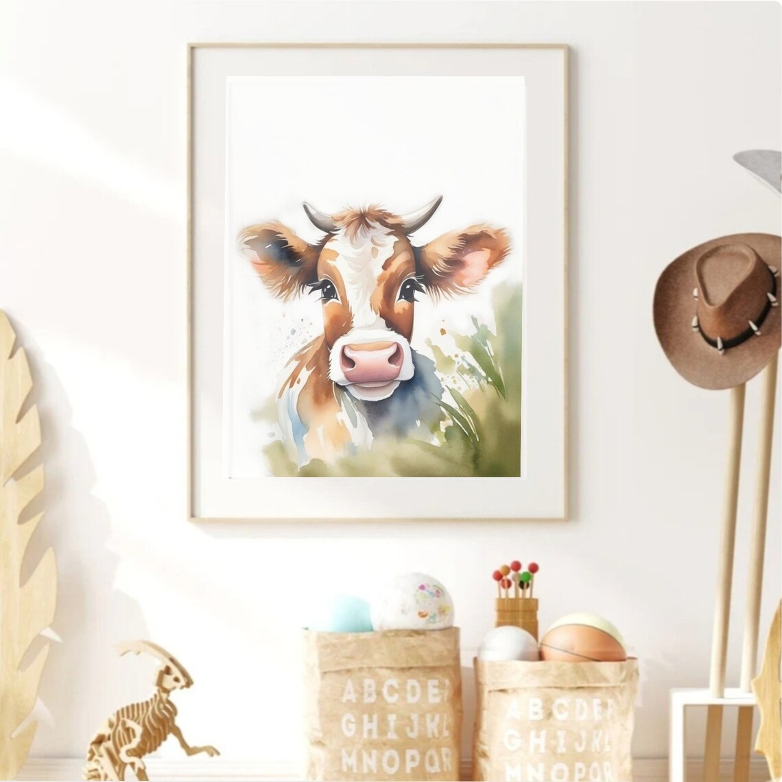 Sweet Brown Cow Face Close-Up Watercolor Farm Animal Nursery Poster - Image 2